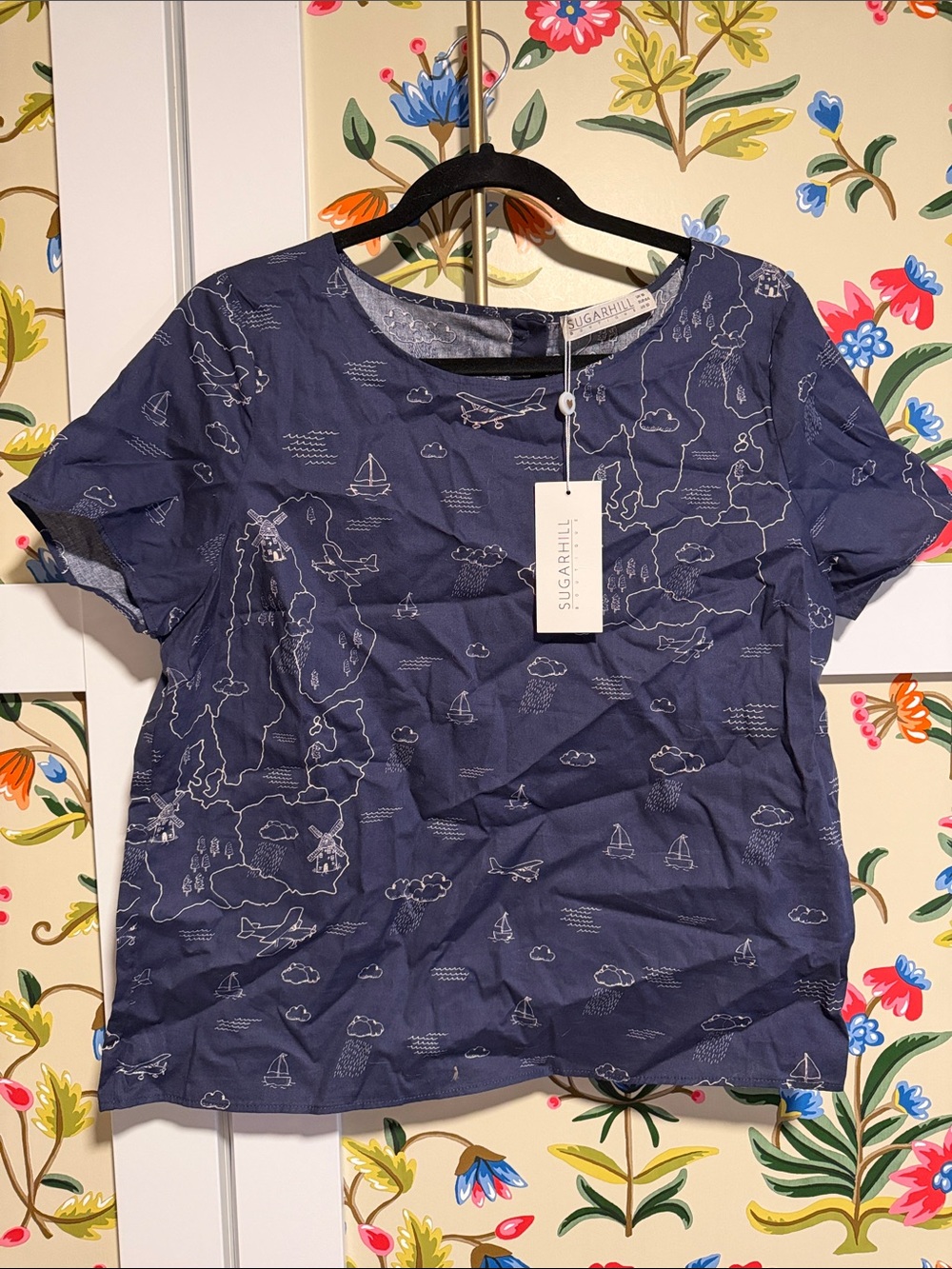 Sugarhill Navy Map-Print Short Sleeve Cotton Tee